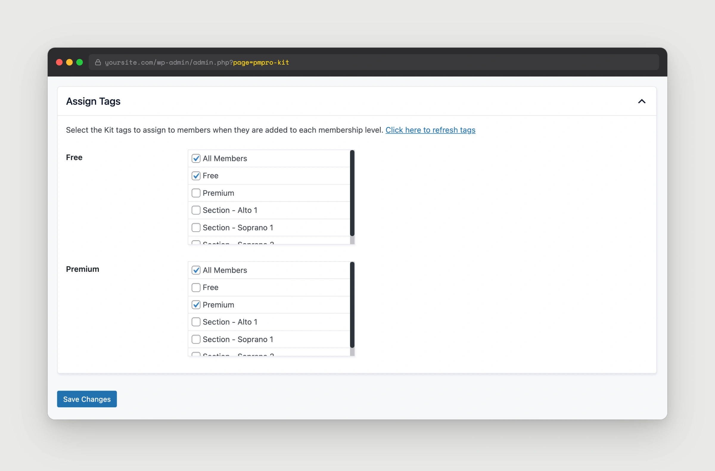 Kit Integration tag assignment settings in the Paid Memberships Pro admin