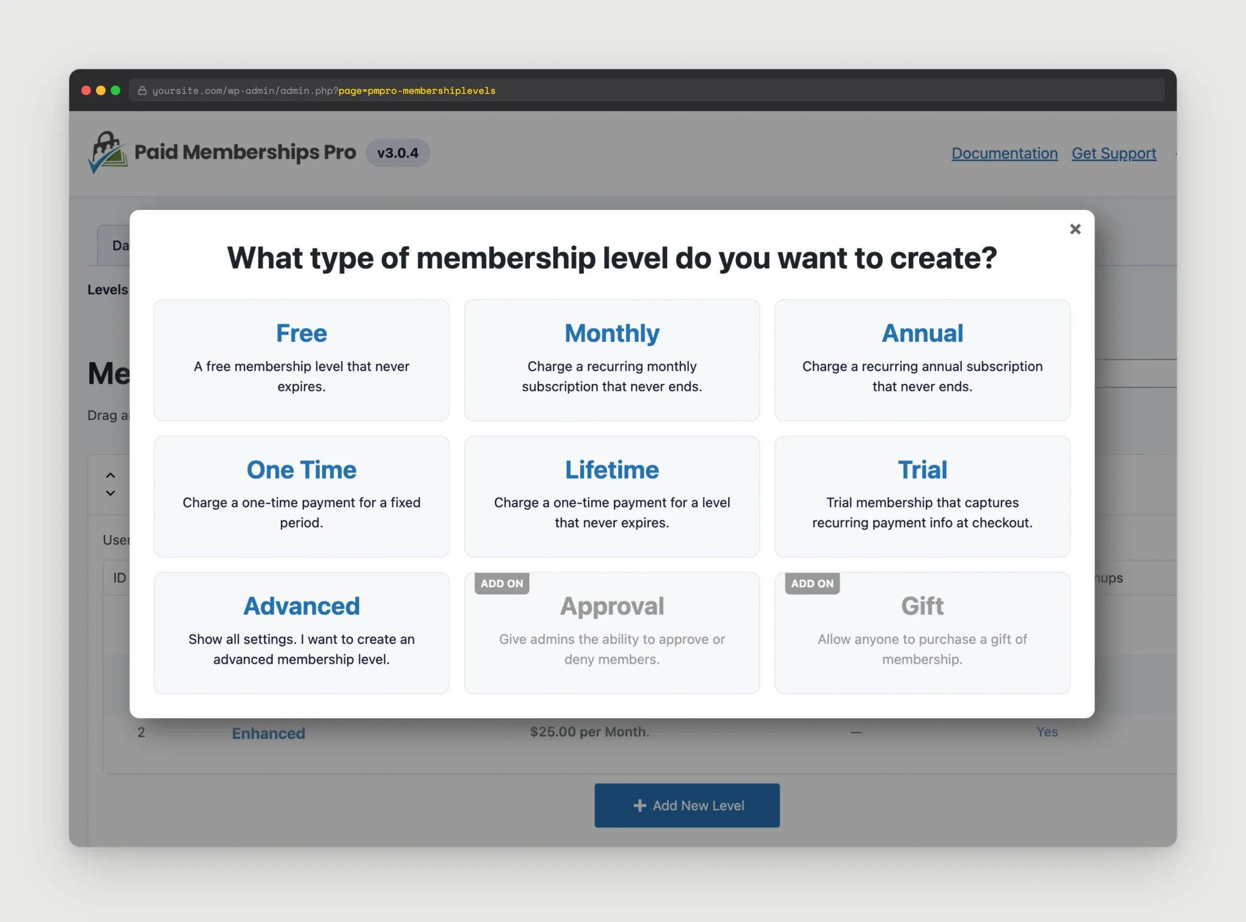 Membership level template options in the Paid Memberships Pro admin