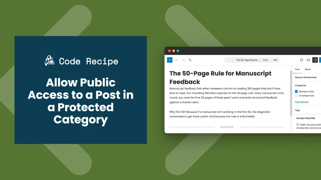 Code recipe thumbnail showing the WordPress post editor with the Access Override checkbox enabled on a post in the Members Only category