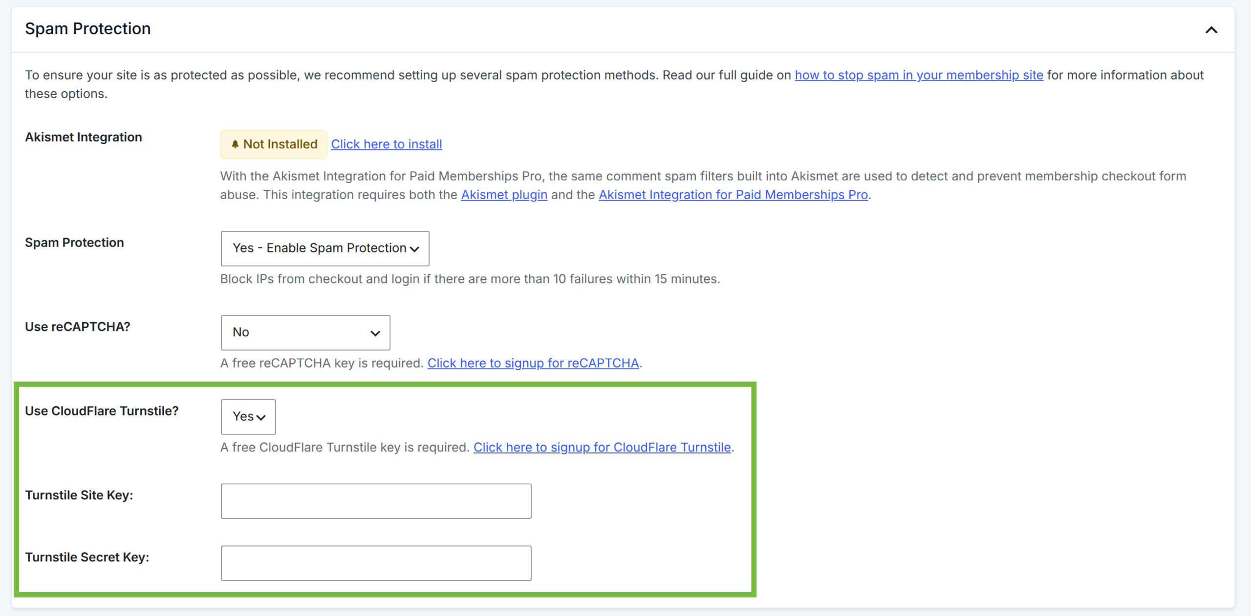 Paid Memberships Pro Settings > Security tab showing the Cloudflare Turnstile Site Key and Secret Key input fields