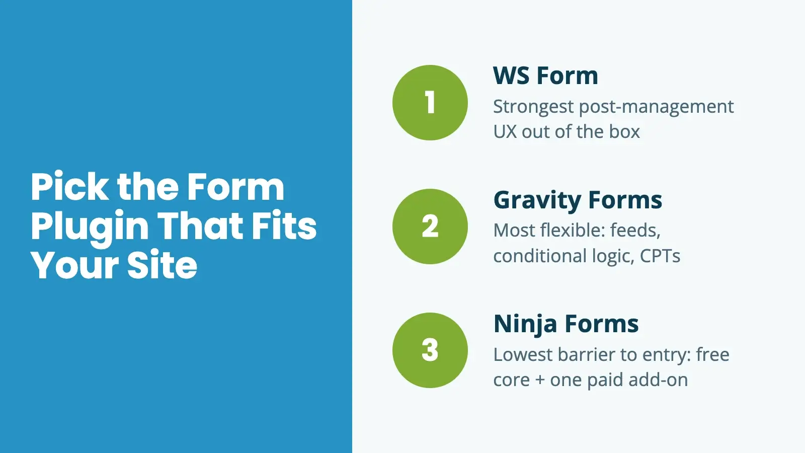 Three form plugins for accepting member-submitted content on a PMPro site: WS Form (strongest post-management experience out of the box), Gravity Forms (most flexible workflow engine with feeds, conditional logic, and custom post types), and Ninja Forms (lowest barrier to entry with free core plus one paid Add On).