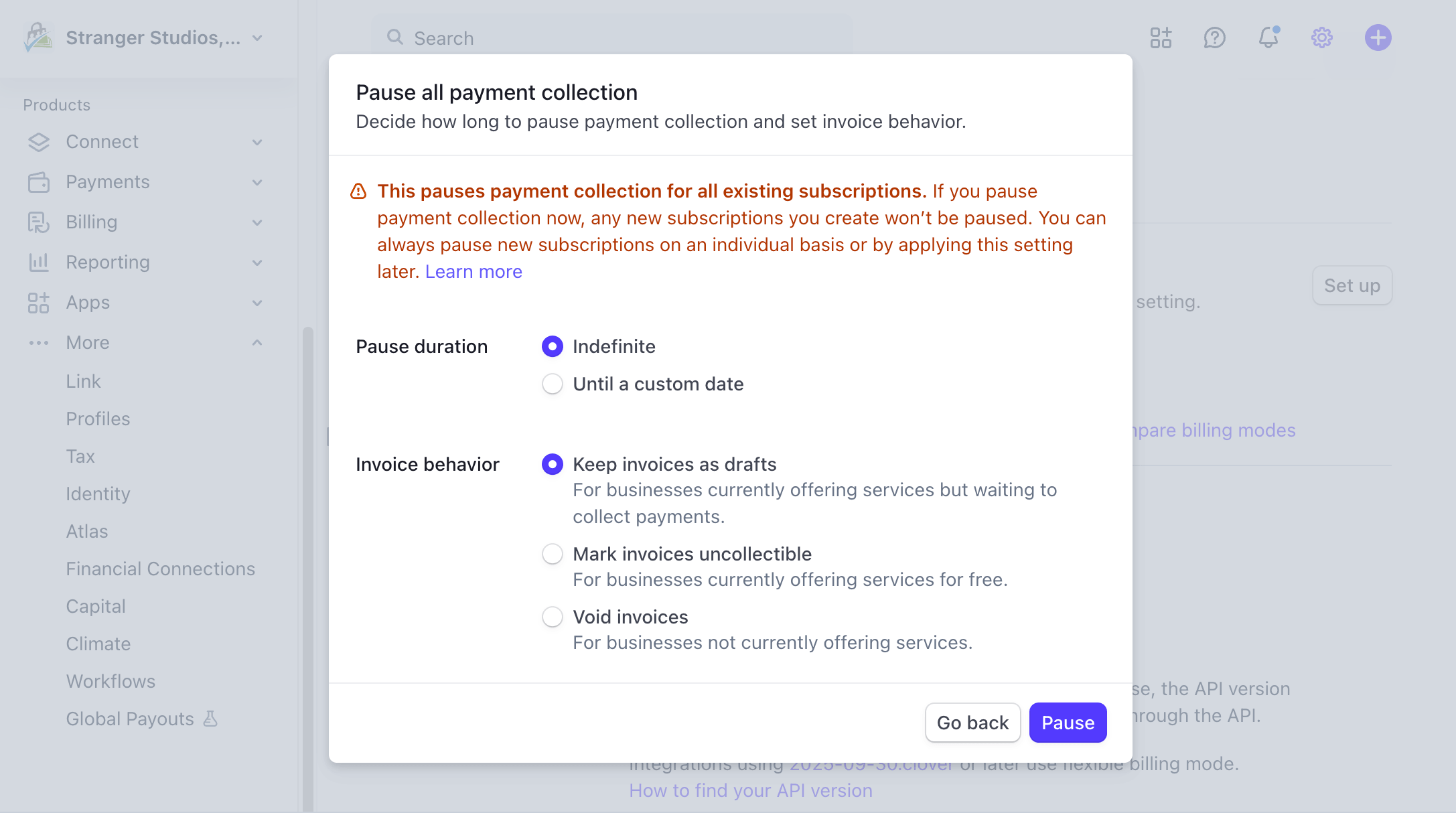 Screenshot of the Stripe Settings > Billing > "Pause payment collection for all existing subscriptions" modal window