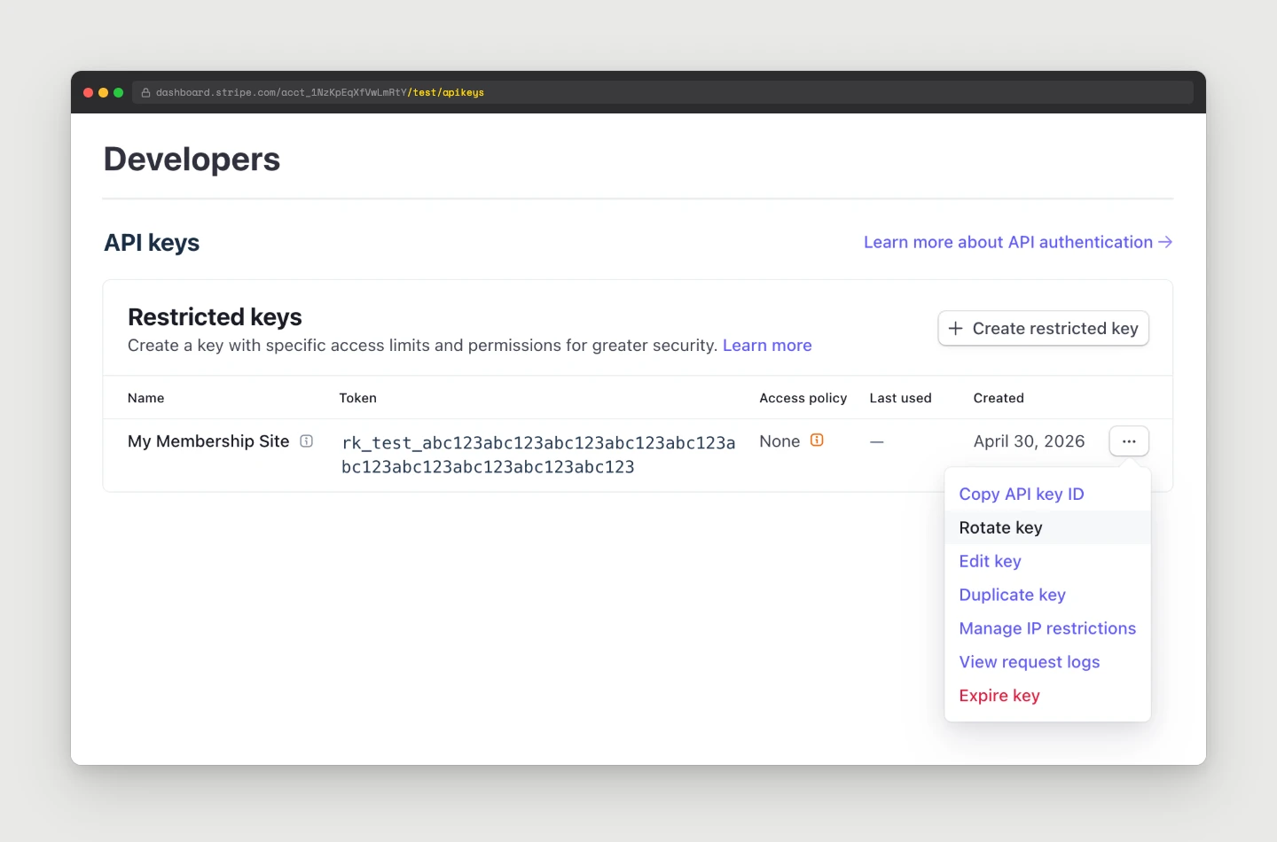 Stripe Dashboard Developers > API keys with the overflow menu open on a restricted key showing options Copy API key ID, Rotate key, Edit key, Duplicate key, Manage IP restrictions, View request logs, and Expire key