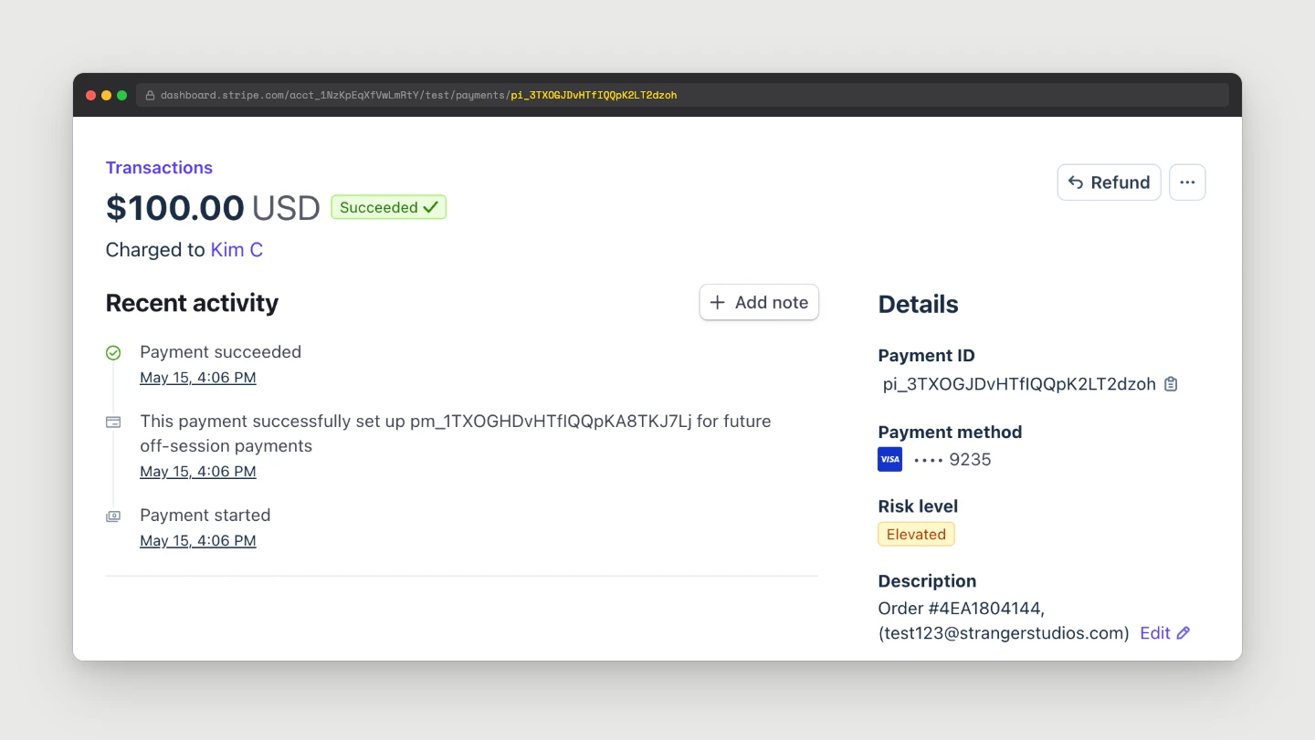 Stripe Dashboard transaction view of a $100 USD succeeded payment with Risk level tagged Elevated in the Details panel