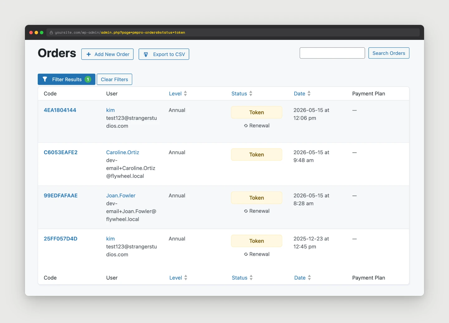 Paid Memberships Pro Orders admin filtered to status 'token' showing a spike of low-dollar test charges with random emails like test123@strangerstudios.com and dev-email+Caroline.Ortiz@flywheel.local