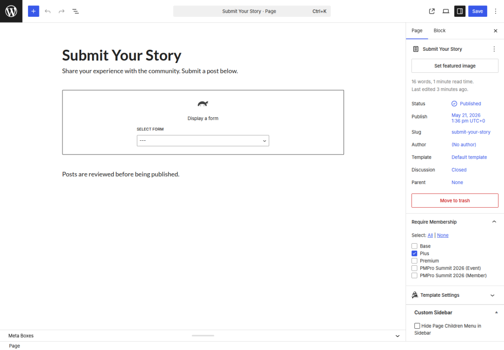 PMPro Require Membership meta box on the submission page