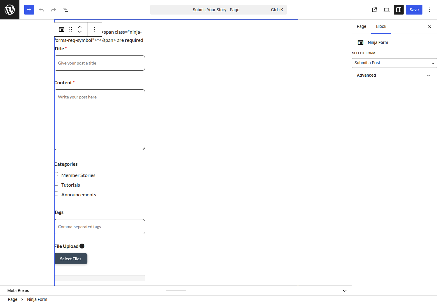 Block Editor sidebar showing Content Visibility on a Ninja Forms block