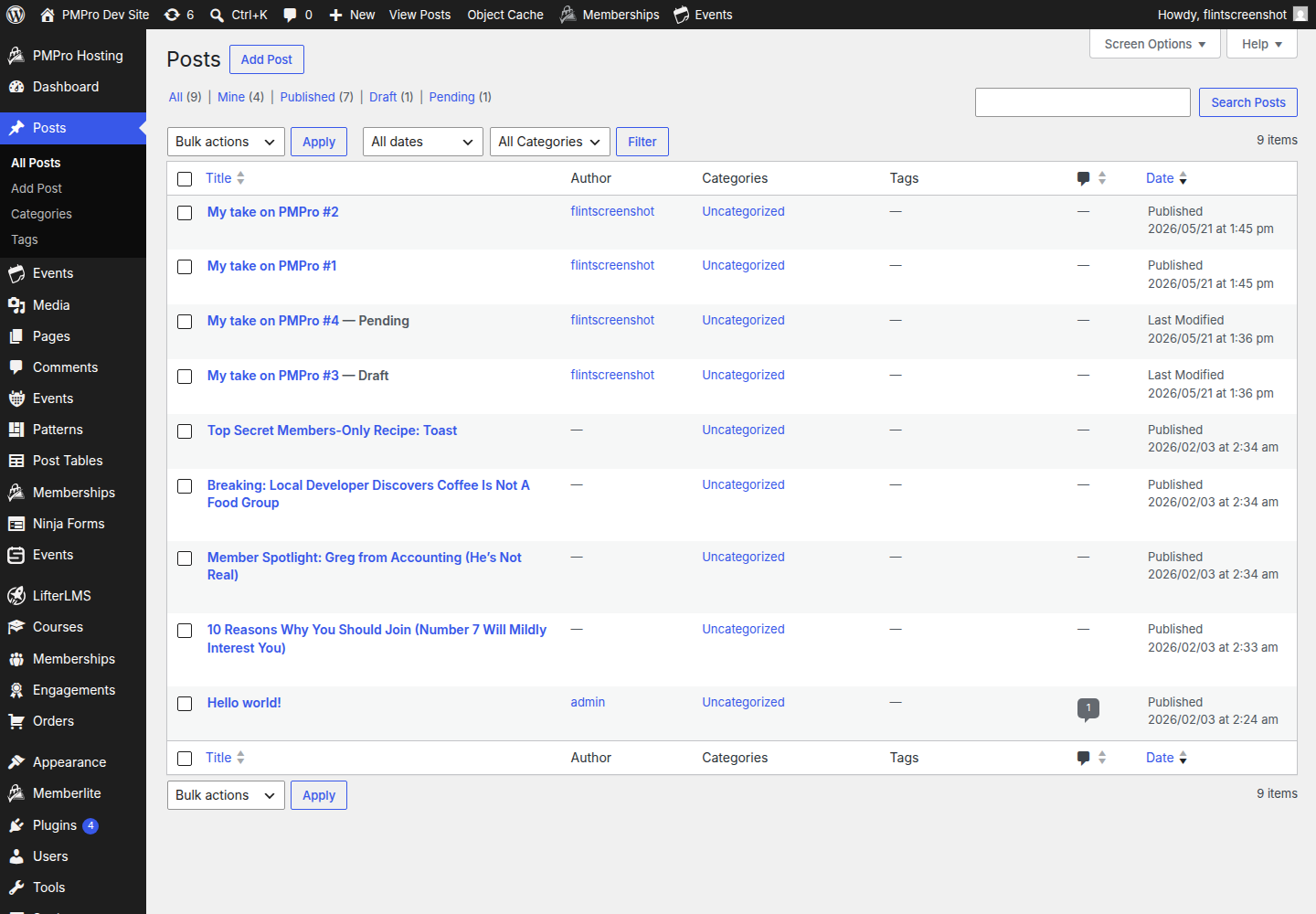 List of member-submitted posts in the WP admin