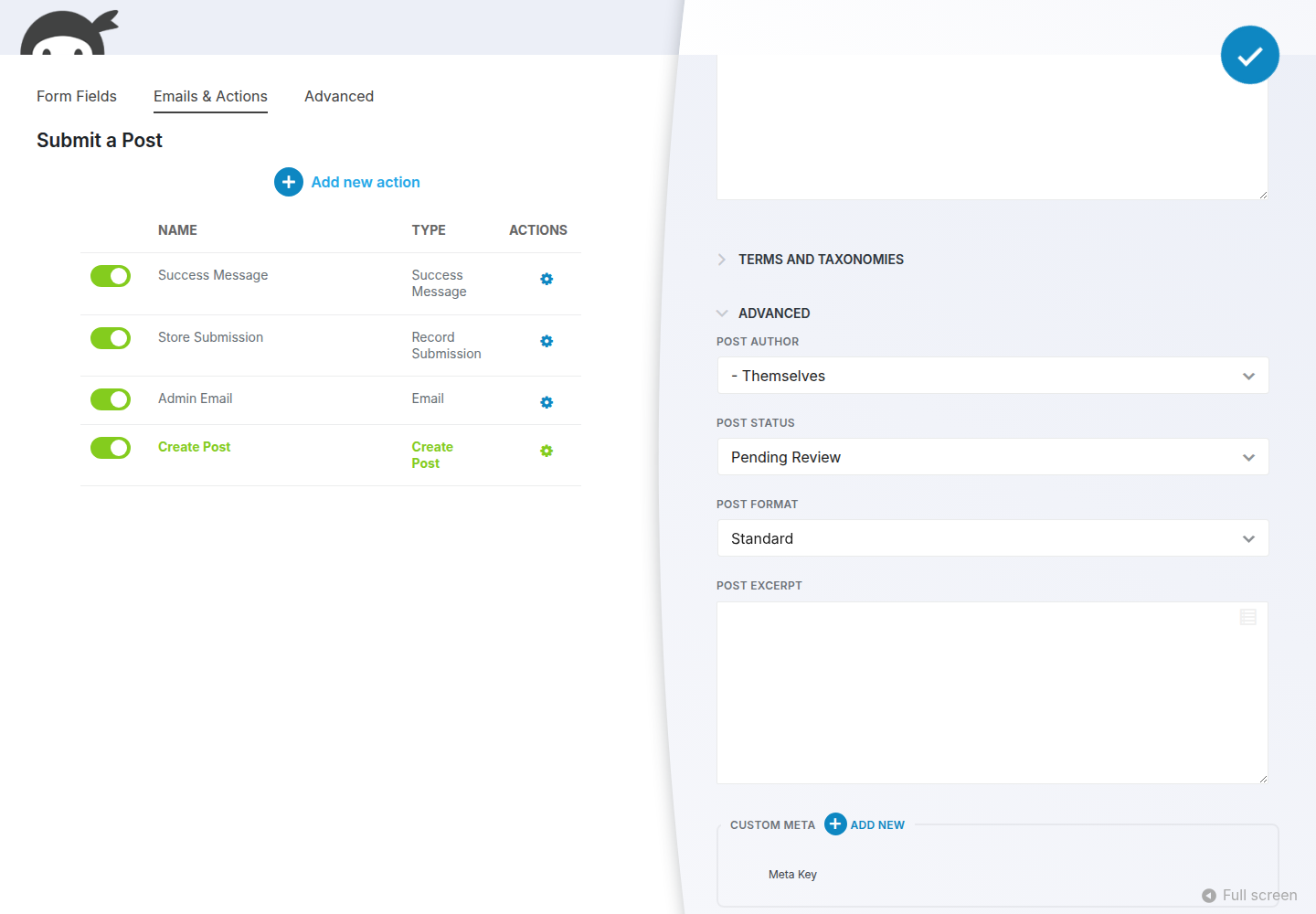 Ninja Forms Create Post action with Post Status set to Pending Review