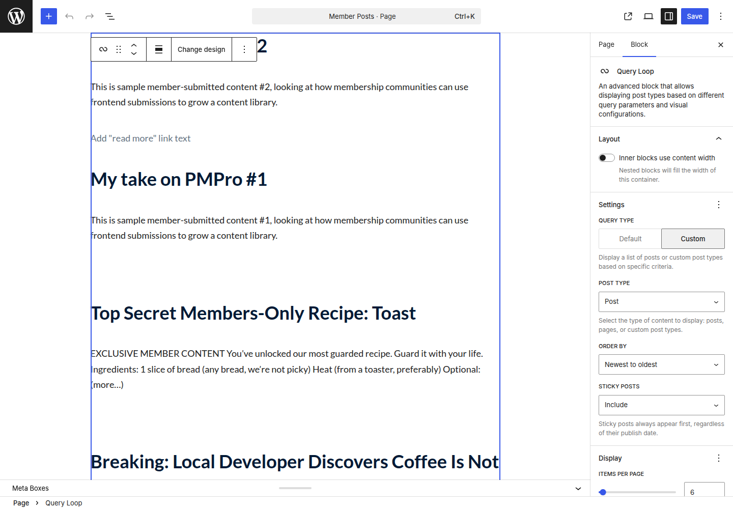 Query Loop block showing member-submitted posts