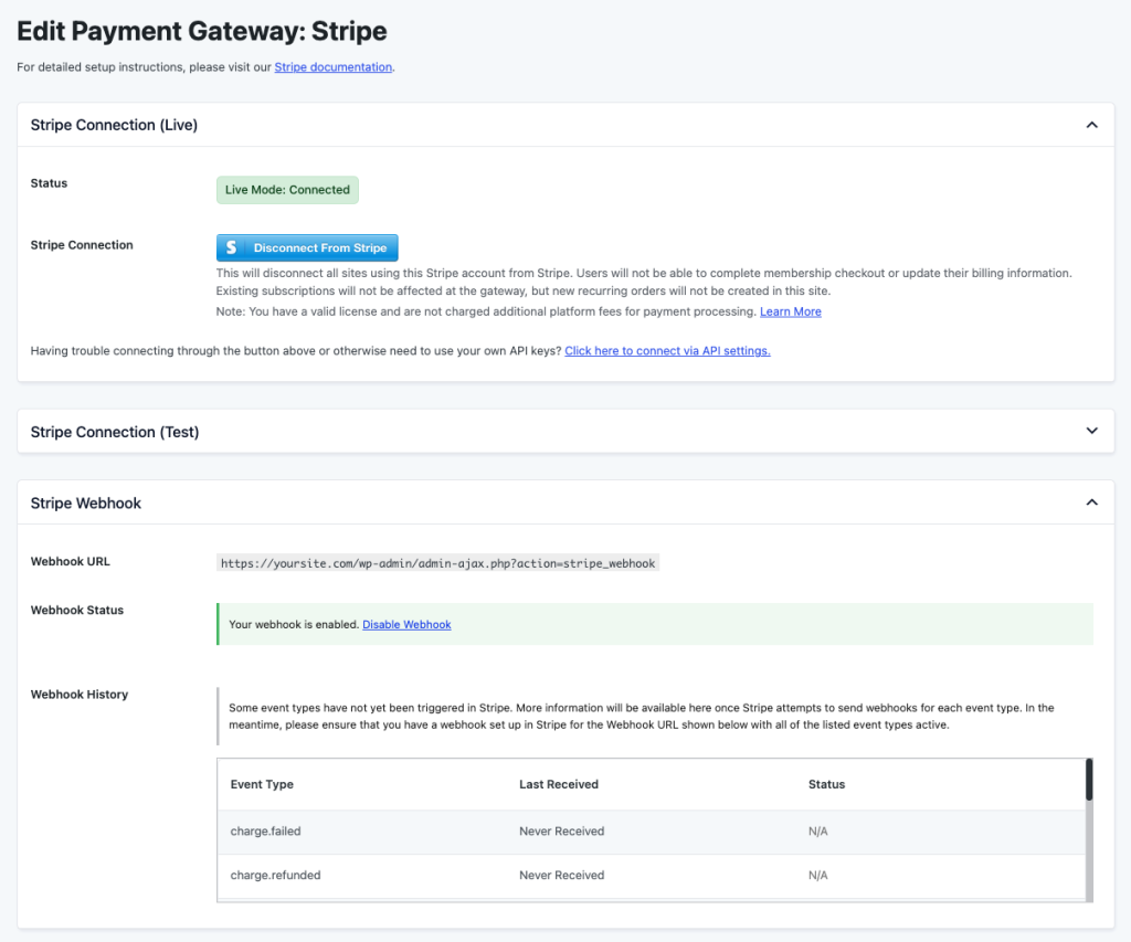 Screenshot of payment gateway settings in PMPro in a live environment and working webhooks