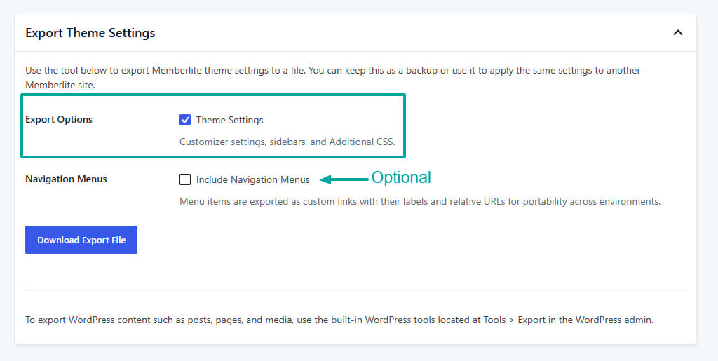 Screenshot of the Export Theme Settings on the WP Admin located under Memberlite Tools.