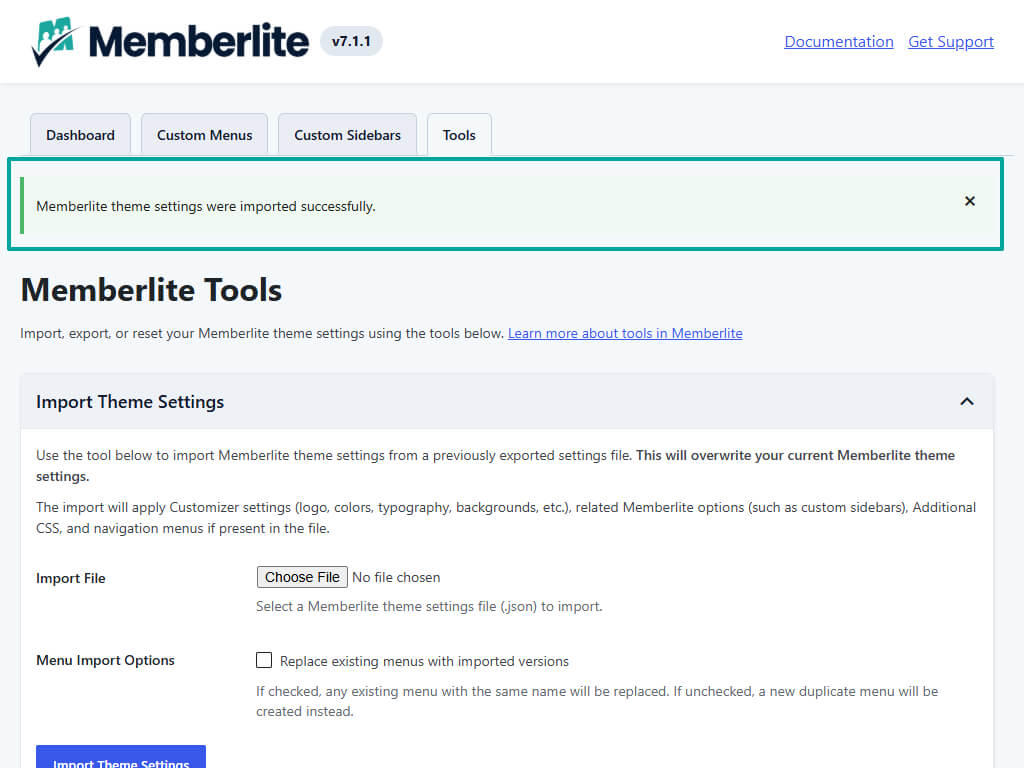 Screenshot of the Import Theme Settings after a successful import.