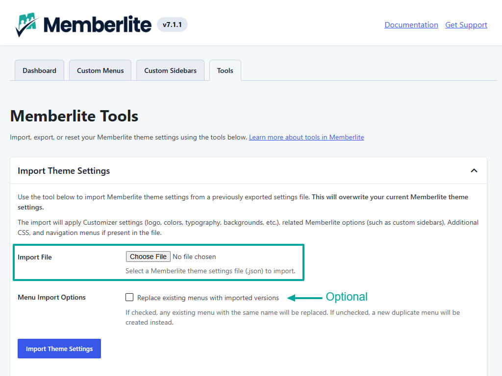 Screenshot of the Import Theme Settings on the WP Admin located under Memberlite Tools.