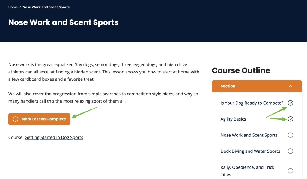 lesson page showing the "Mark as Complete" button