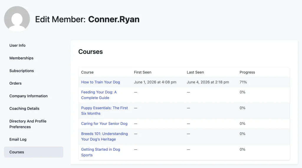 Member Edit screen showing the Courses panel with a table of courses, activity dates, and progress percentages