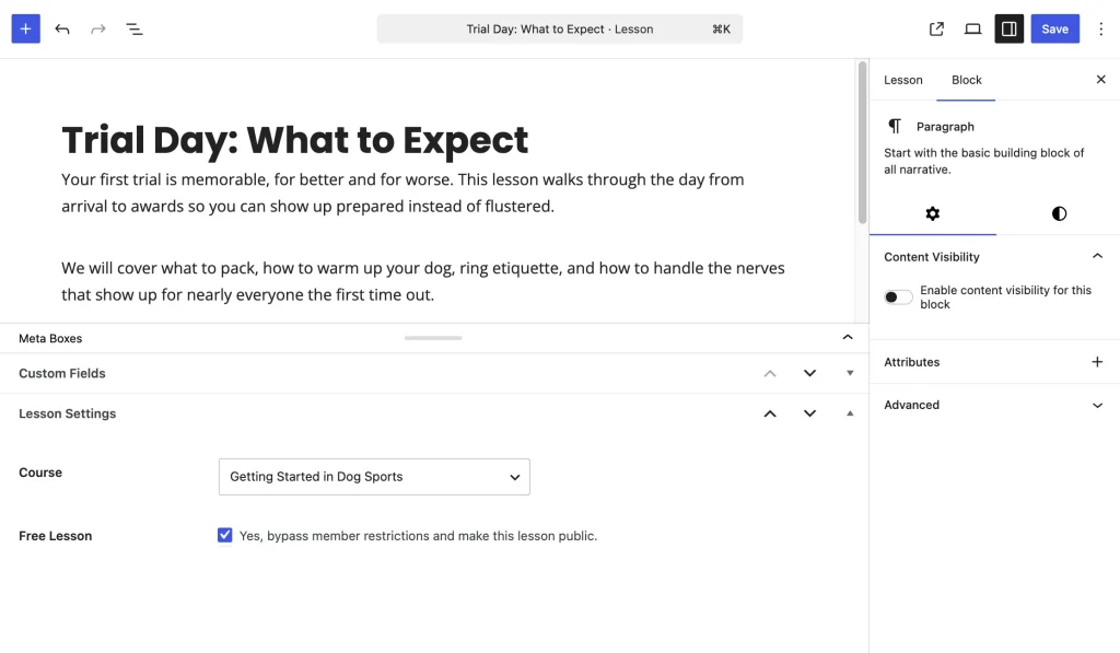 In the Lesson Settings section, check the Free Lesson option to make the lesson publicly accessible.