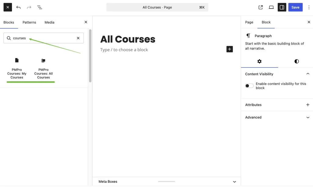 Block editor search for "Courses"
