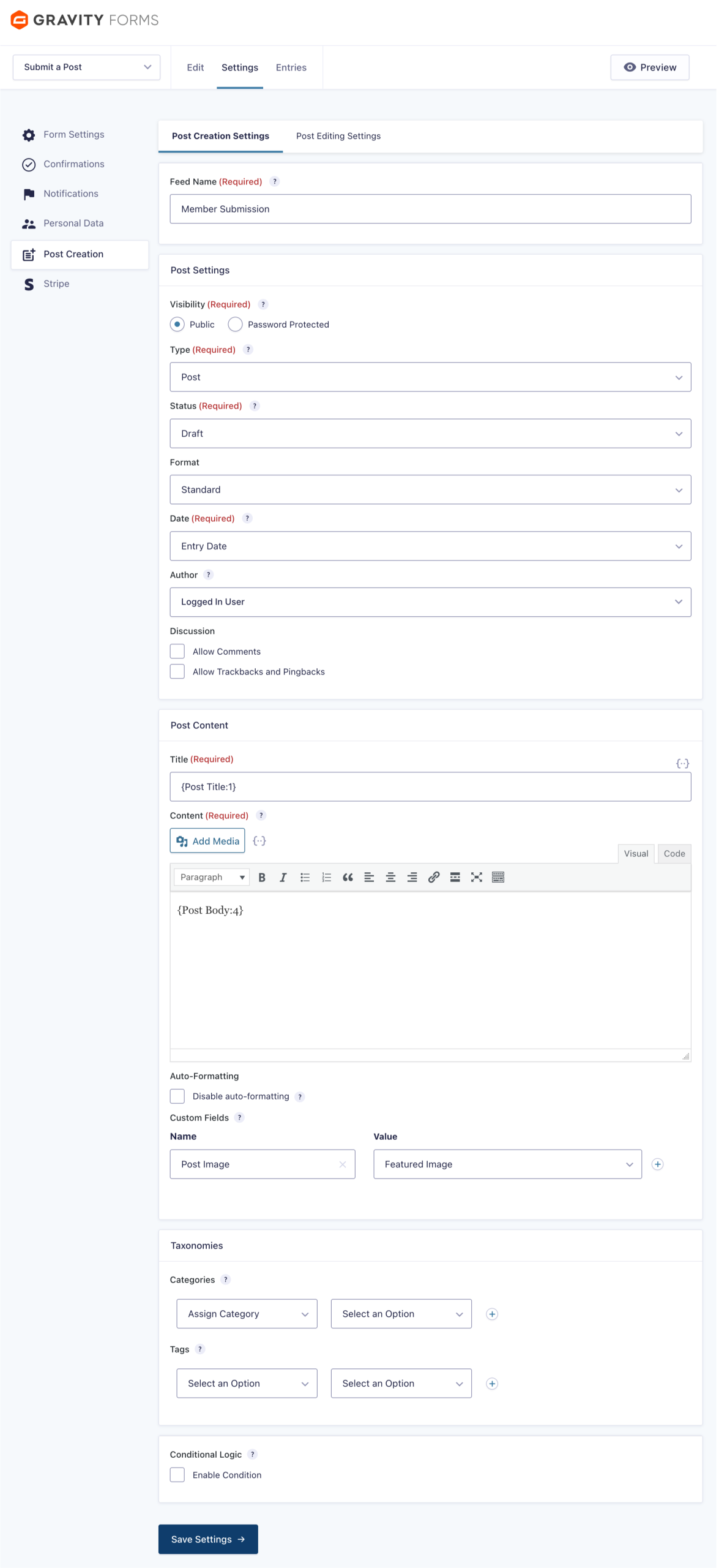 Screenshot of mapping the forms fields to a post