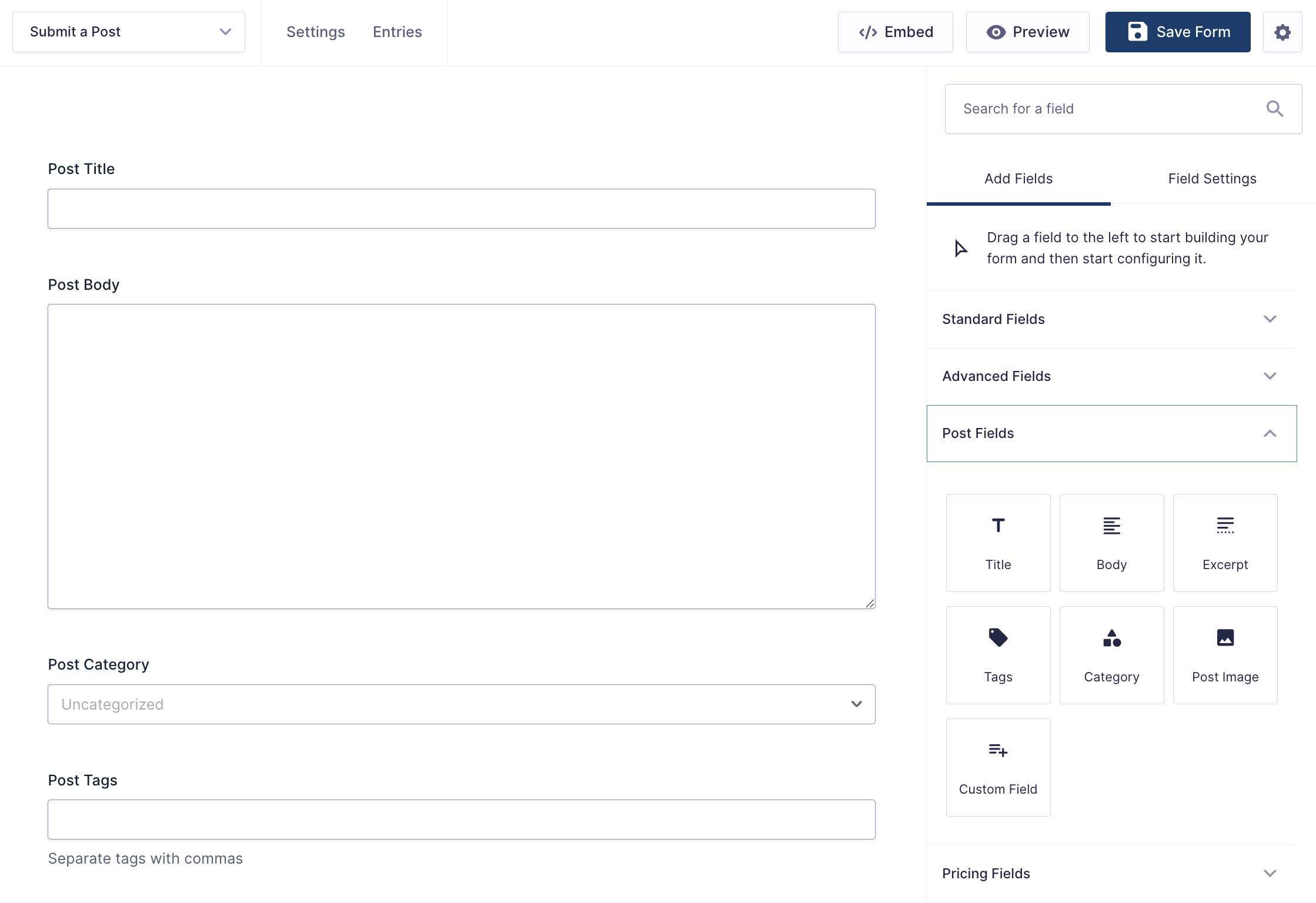 Screenshot of the Gravity Forms editor to create a new form