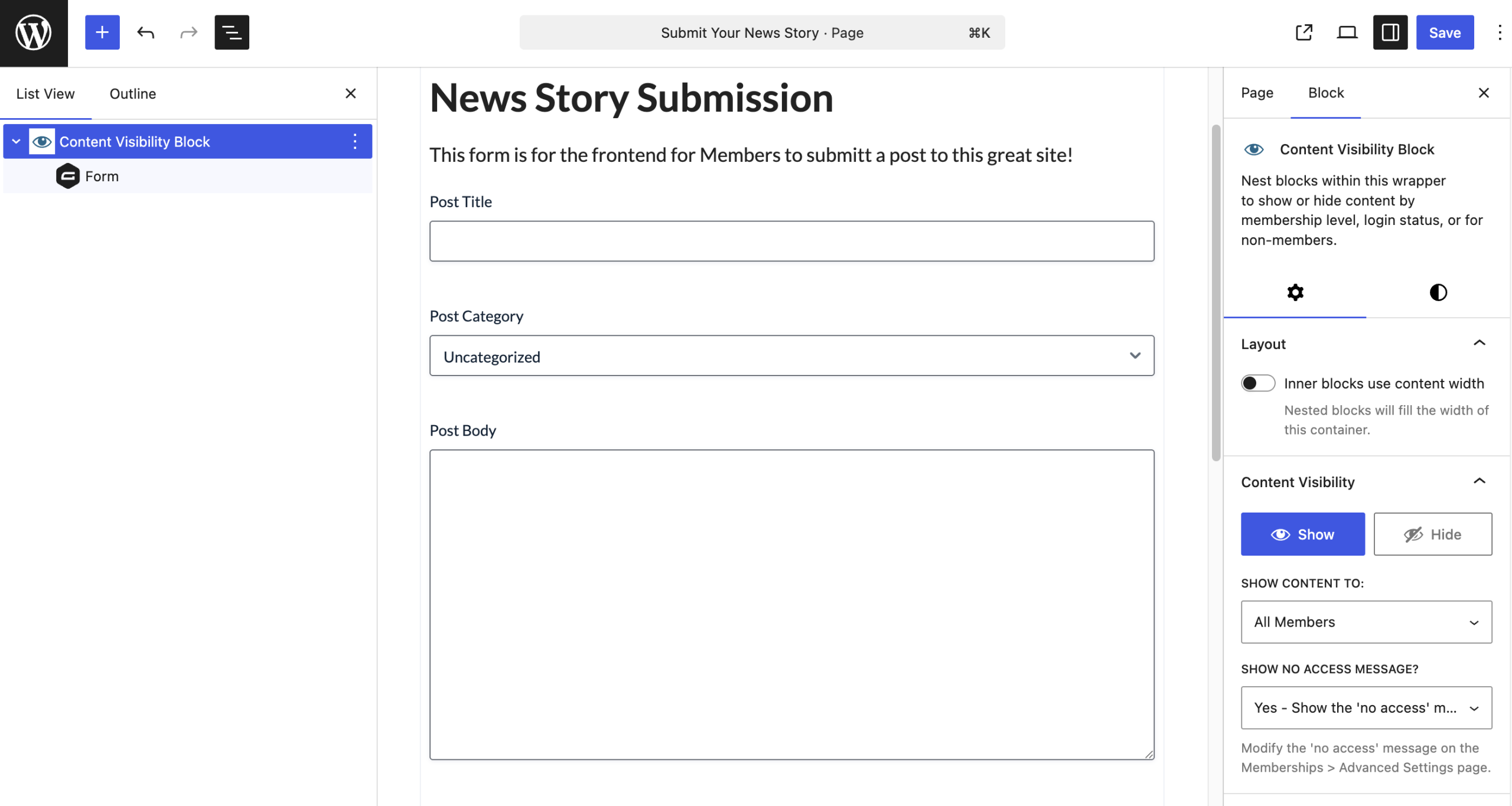 Screenshot of adding the Gravity Form into a Content Visibility Block