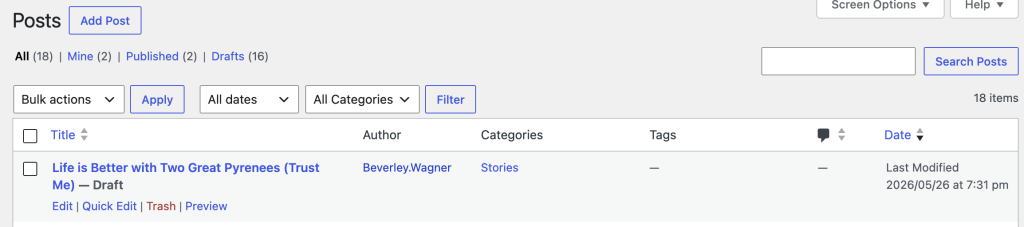 Screenshot of the blog post table showing the member submission as a draft