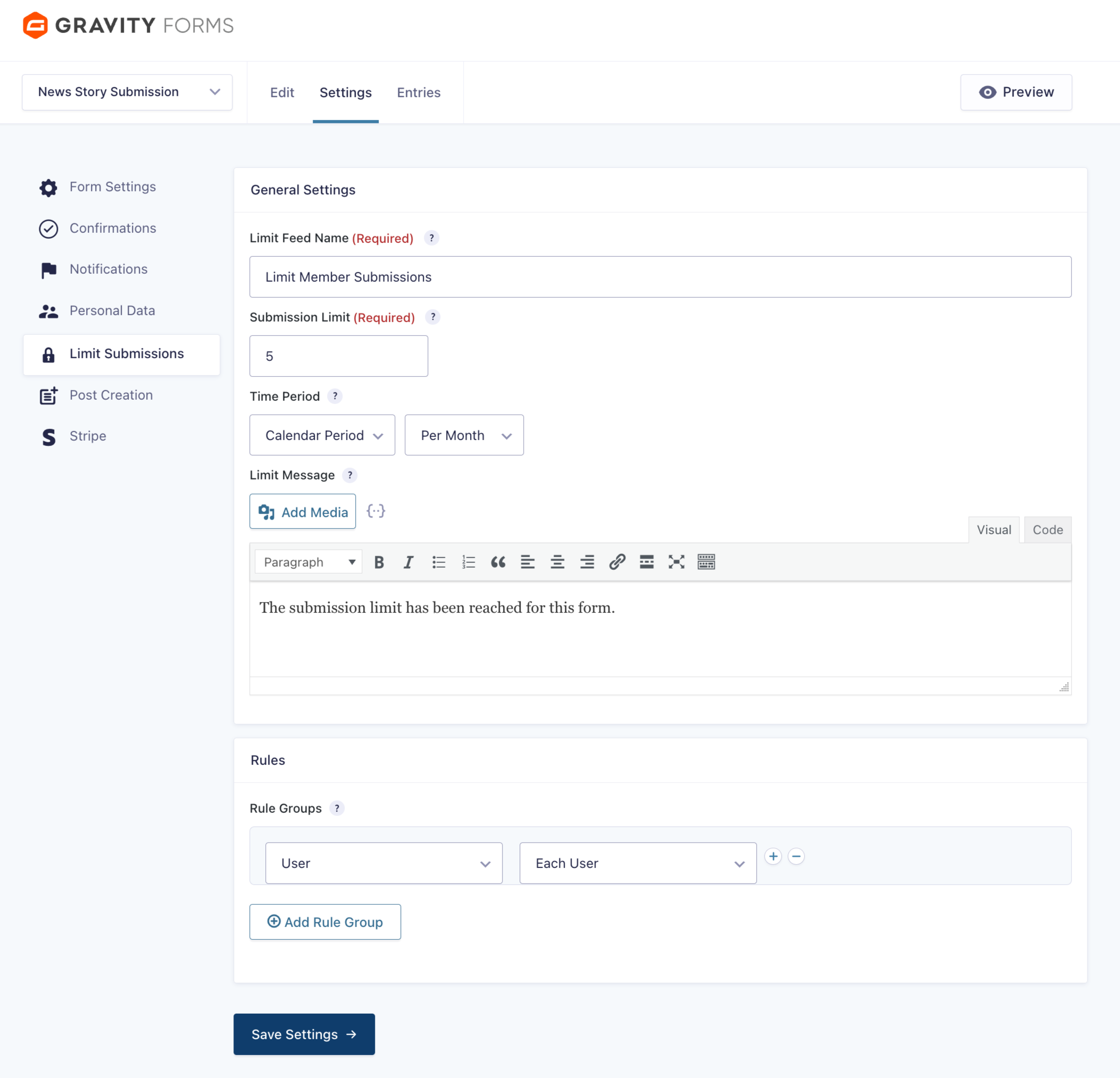Screenshot of Gravity Form settings to restrict how many blog posts can be submitted within a time period