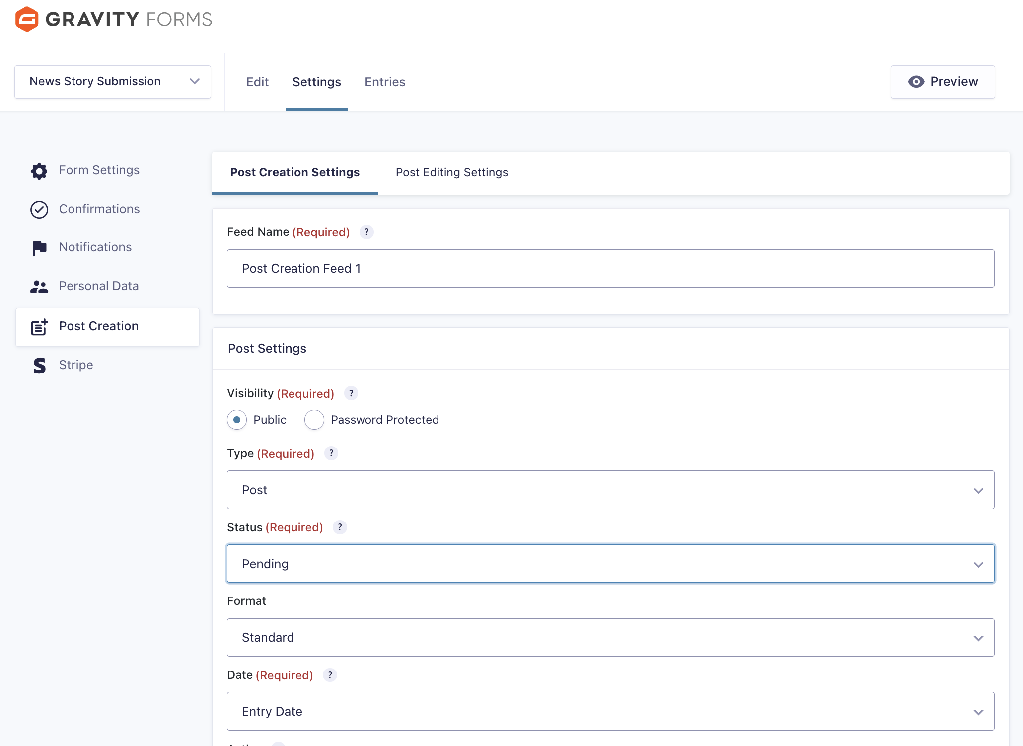 Screenshot of Gravity Form settings to set pending status for review