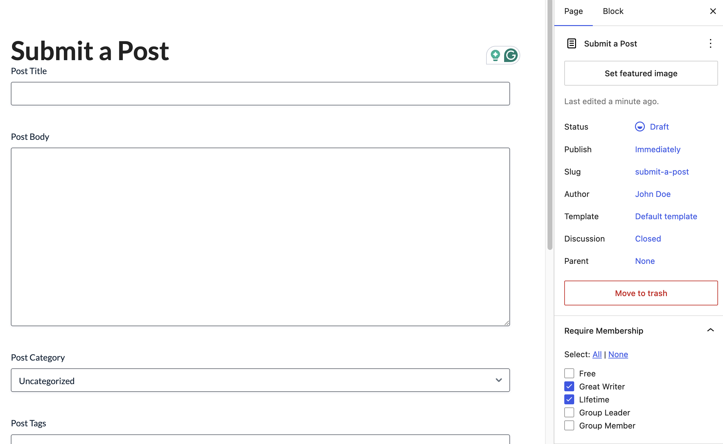 Screenshot of the new form in the WP editor using the Require Membership metabox to restrict the content of the entire page/post.