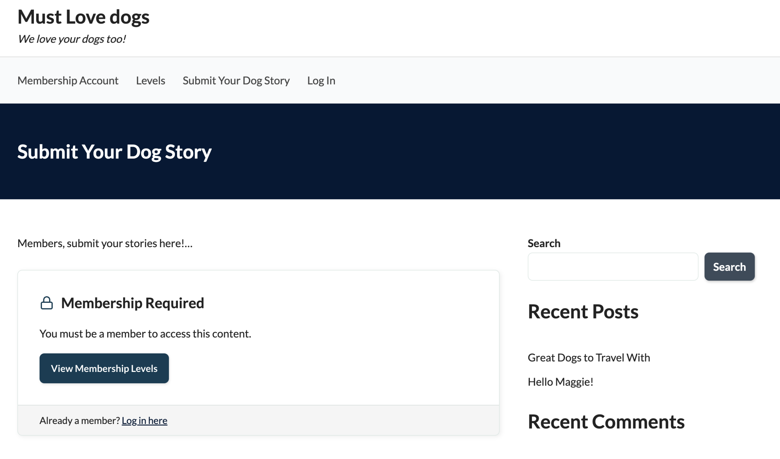 Screenshot of the frontend page showing membership is required to submit a blog post