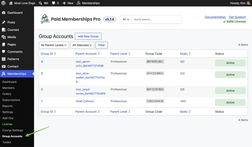 View of the Group Accounts Admin Page that shows the site owner all the Groups Account in one table.