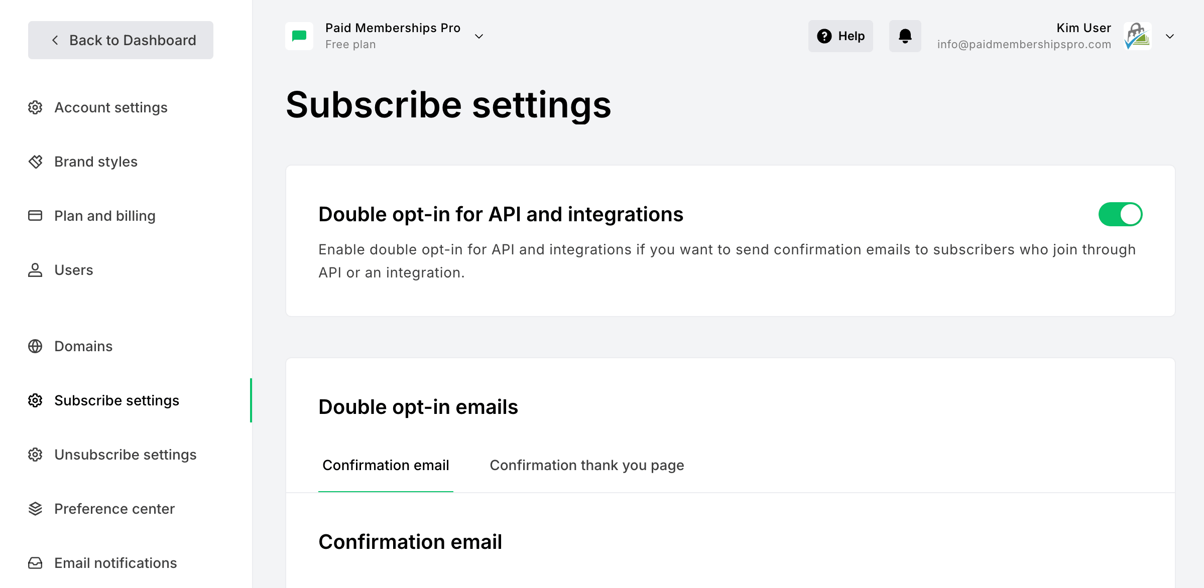 The MailerLite Subscribe settings page with the Double opt-in for API and integrations toggle enabled
