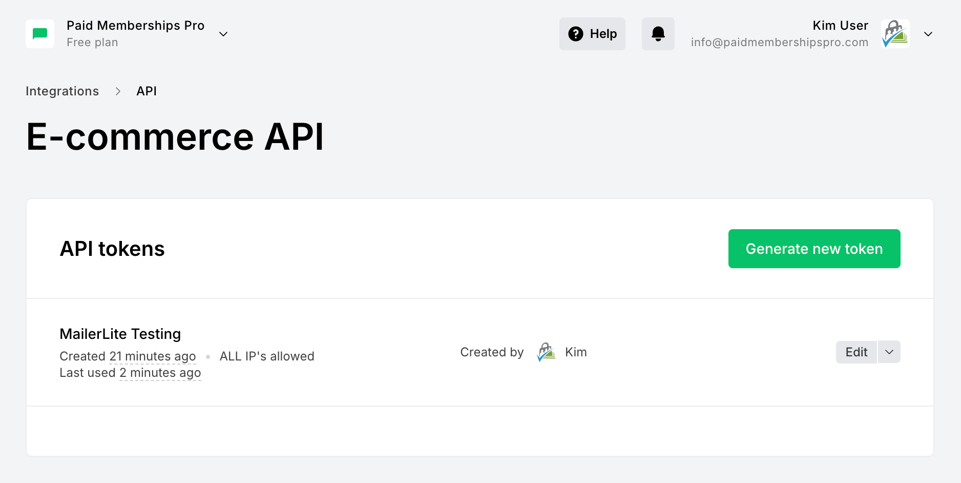 The MailerLite Integrations API page showing the API tokens list and the Generate new token button