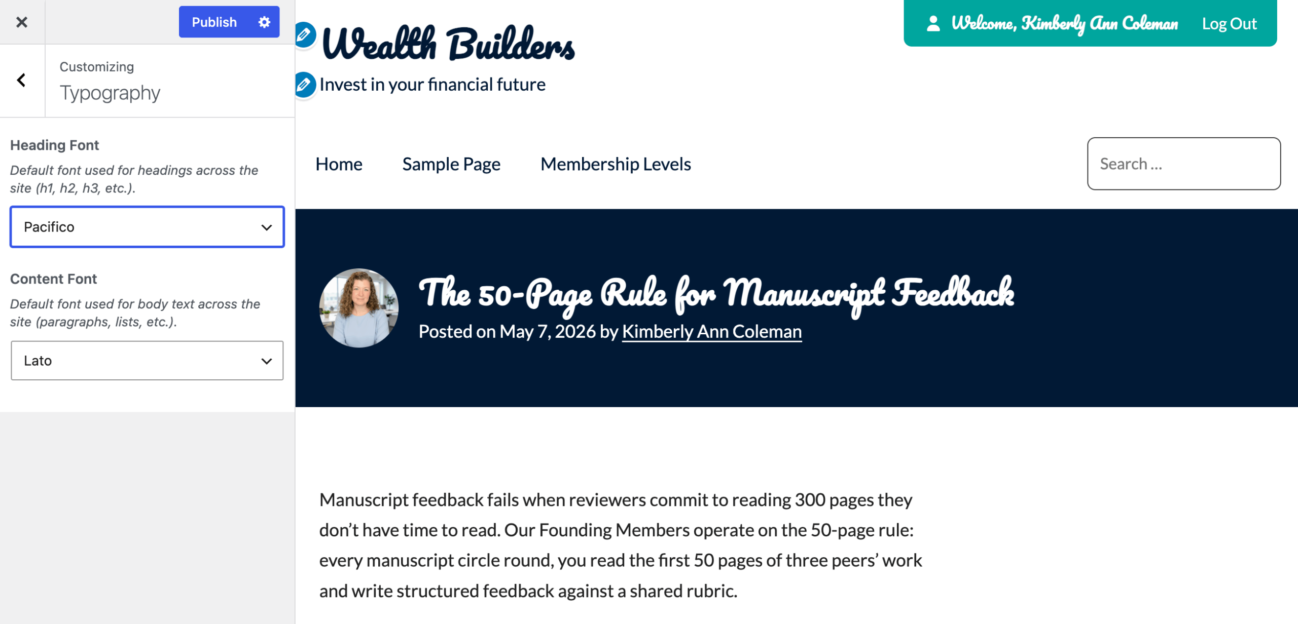 Memberlite Customizer Typography panel with Pacifico selected as the Heading Font, shown in the live preview