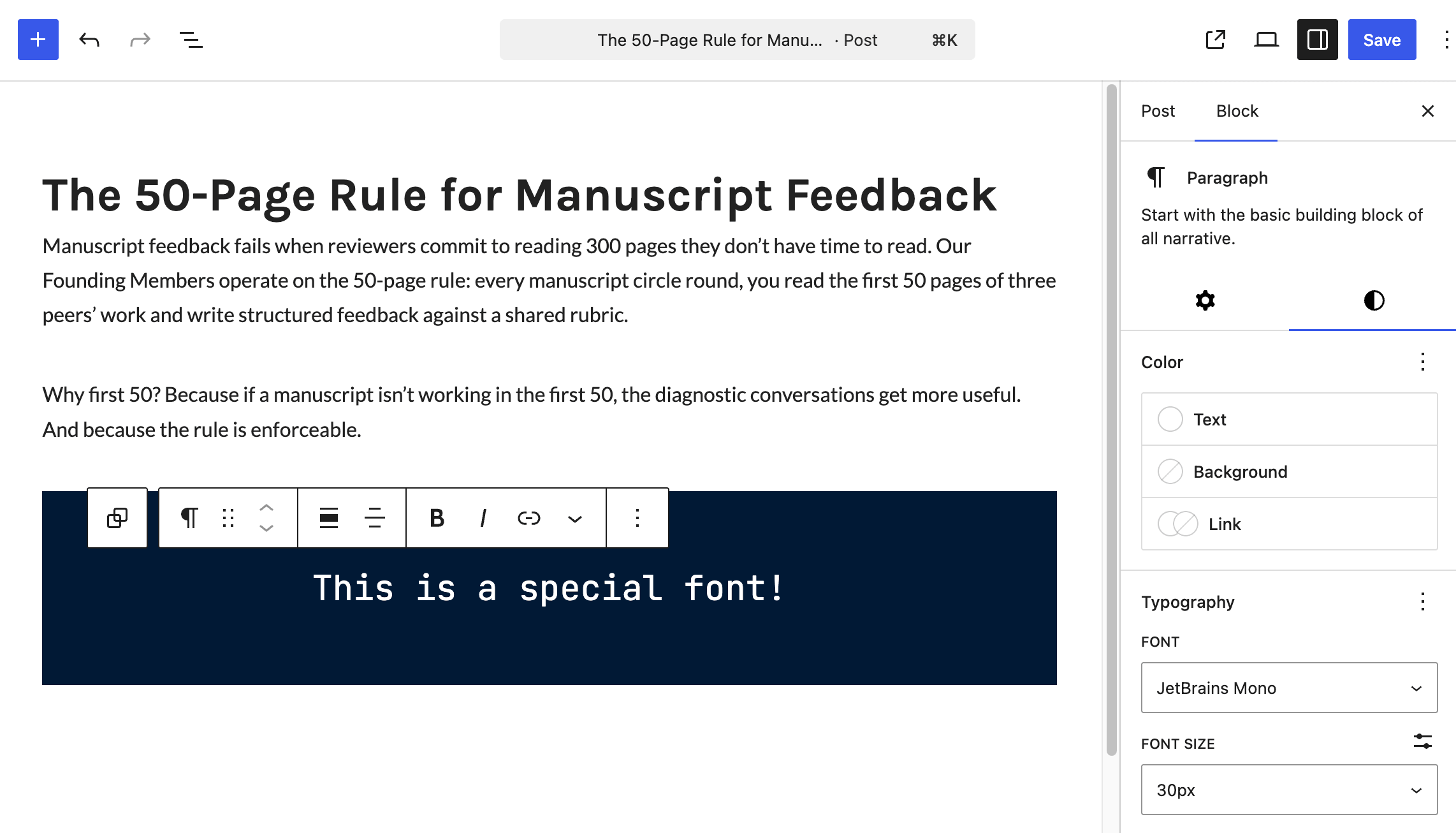 Block editor Block Typography Font dropdown applying a custom font to a single paragraph