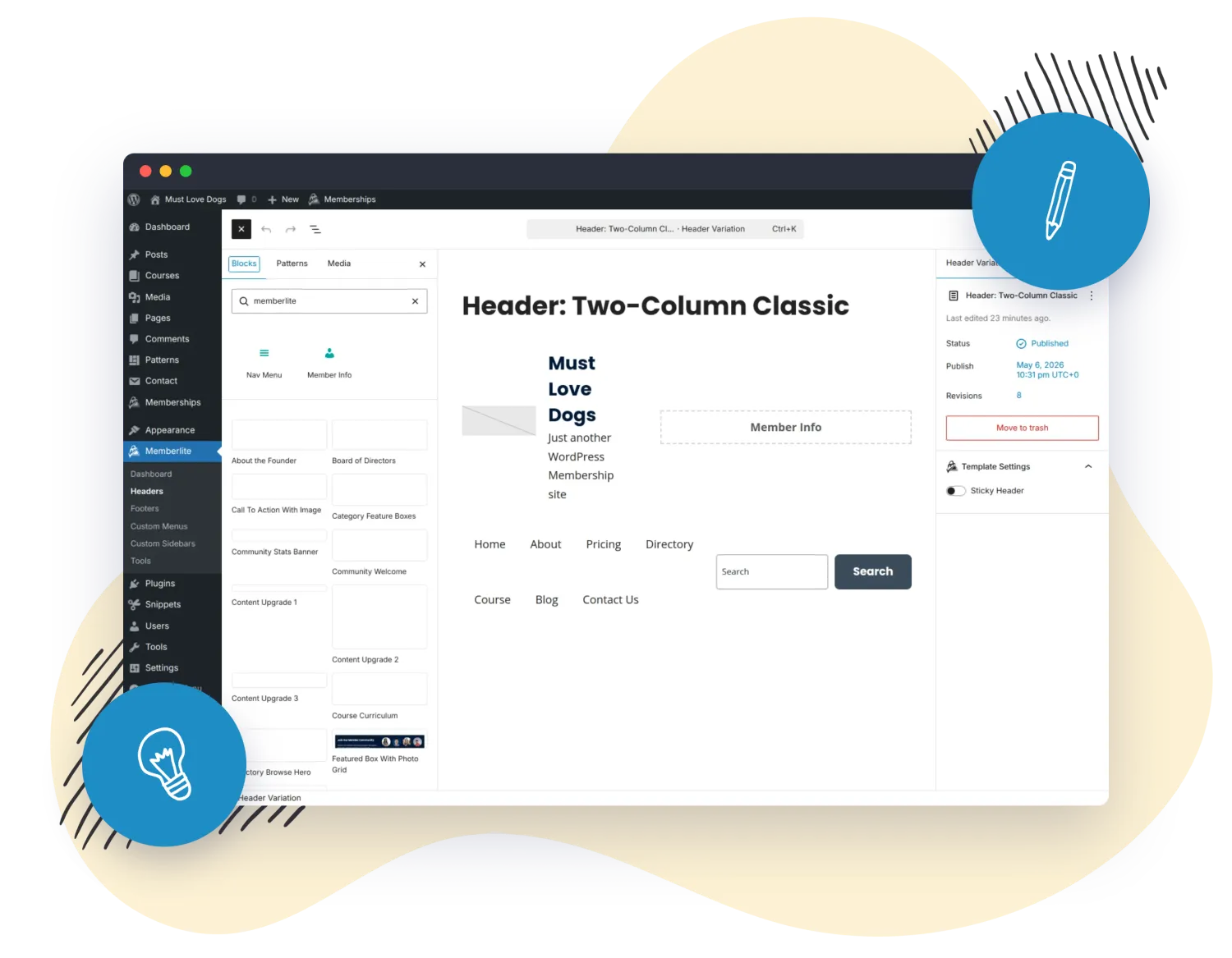 Building a Memberlite header in the WordPress block editor.