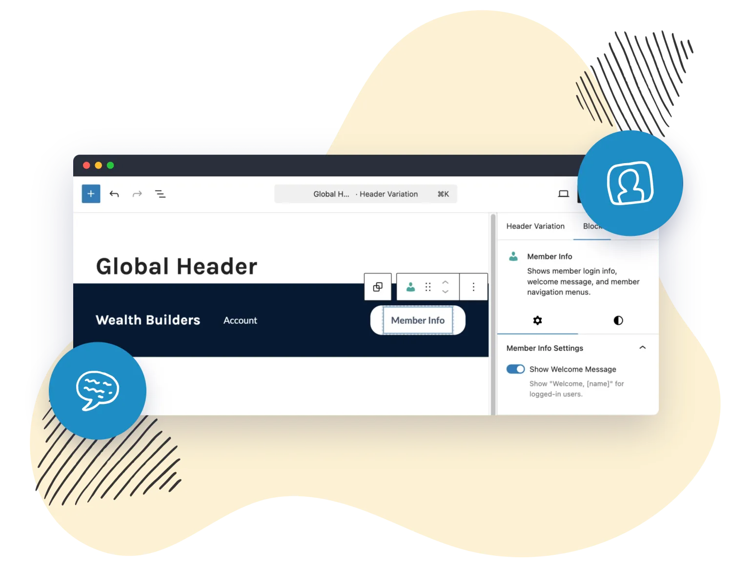The Member Info block selected in a Memberlite header variation, with its settings in the editor sidebar.