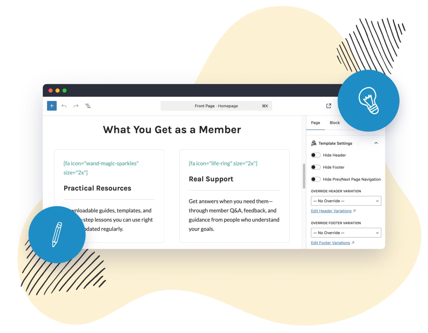 The Memberlite template settings sidebar showing per-page layout overrides in the block editor.