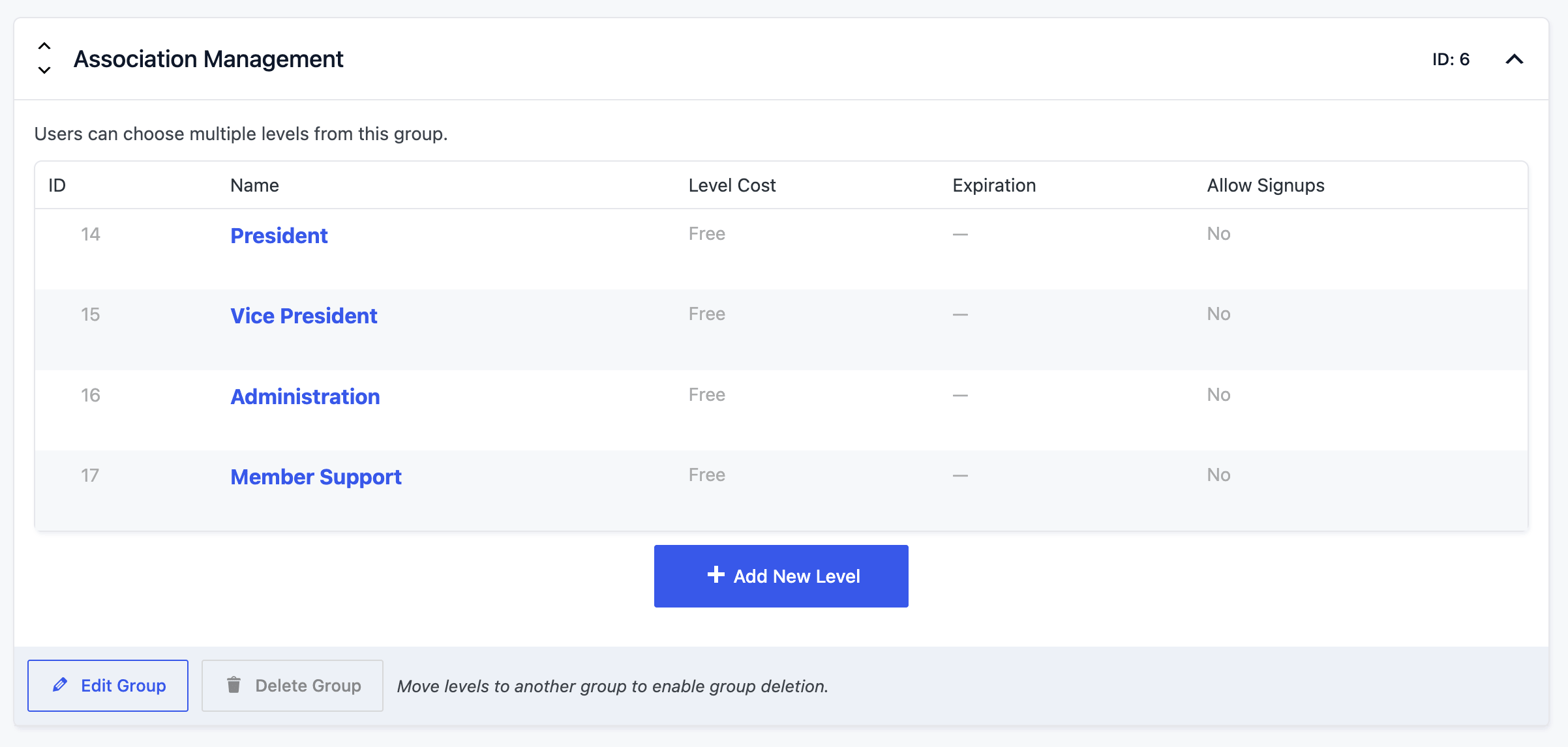 The Association Management Level Group in Paid Memberships Pro, set to allow multiple selections, listing the free leadership levels President, Vice President, Administration, and Member Support.