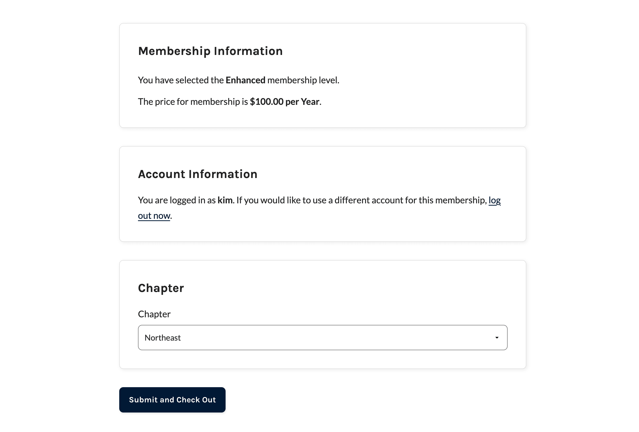 The Paid Memberships Pro checkout form showing a Chapter dropdown set to Northeast, beneath the membership information and account information sections.