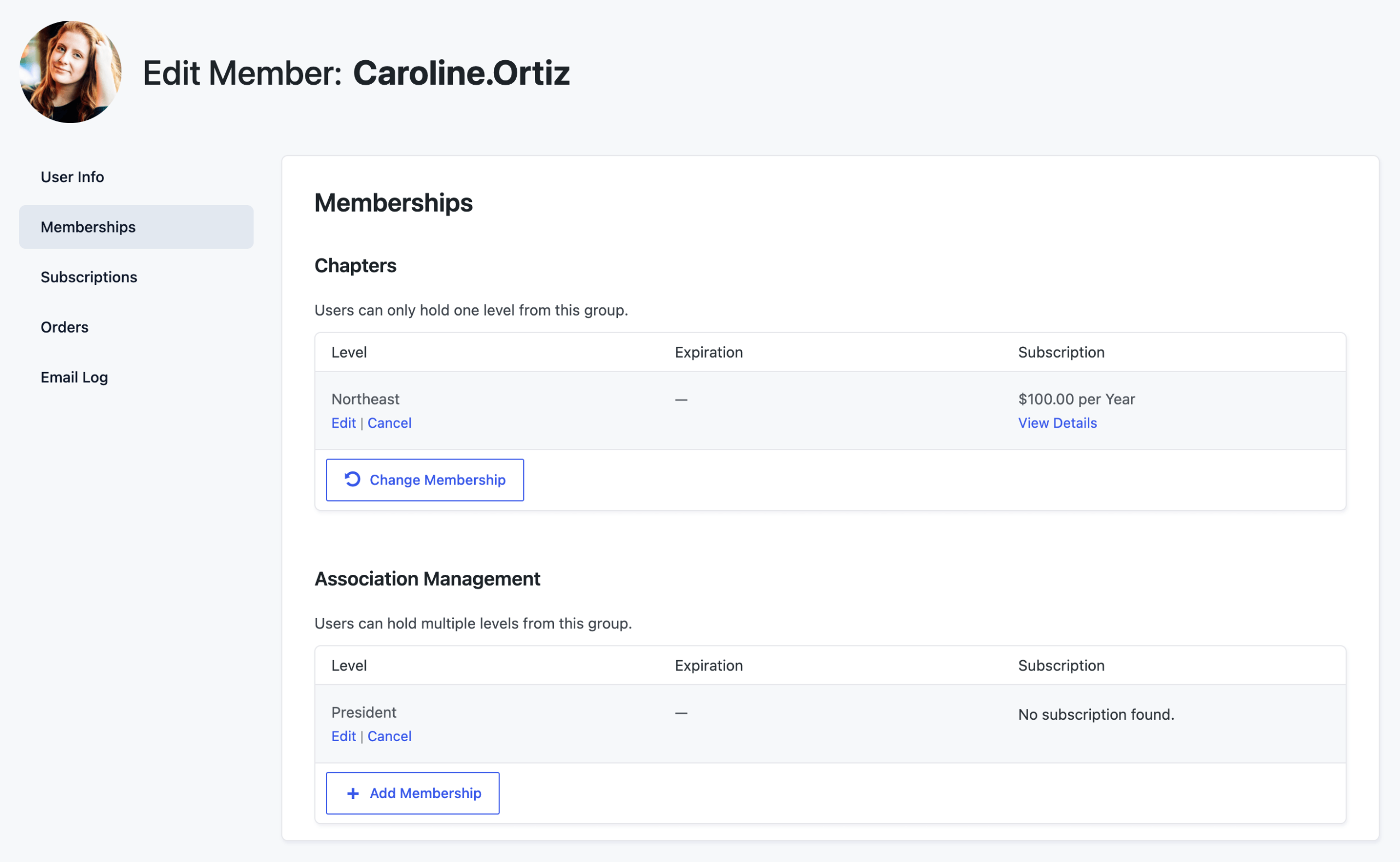 Editing the member Caroline Ortiz in Paid Memberships Pro, showing she holds the Northeast chapter level plus the President level from the Association Management group.