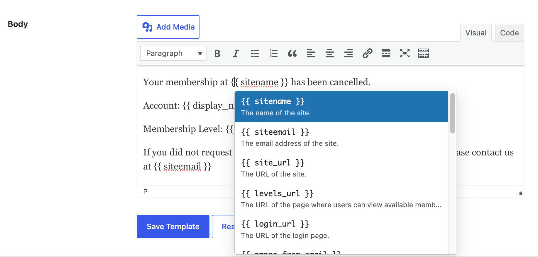 The Paid Memberships Pro email template editor with the Liquid autocomplete dropdown open, suggesting variables like sitename, siteemail, and site_url with descriptions