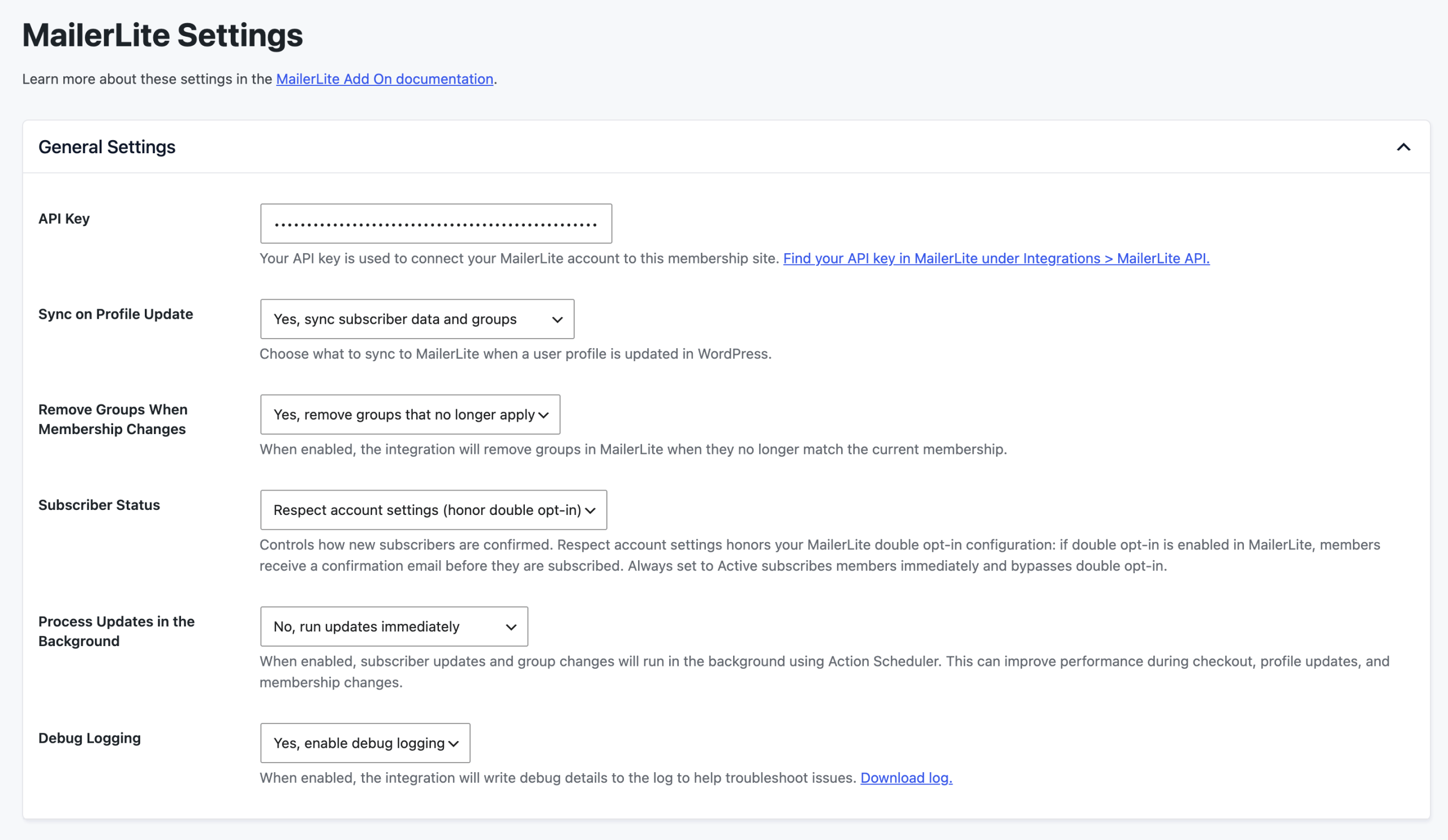 The Paid Memberships Pro MailerLite settings page showing the General Settings section with the API Key field and sync options