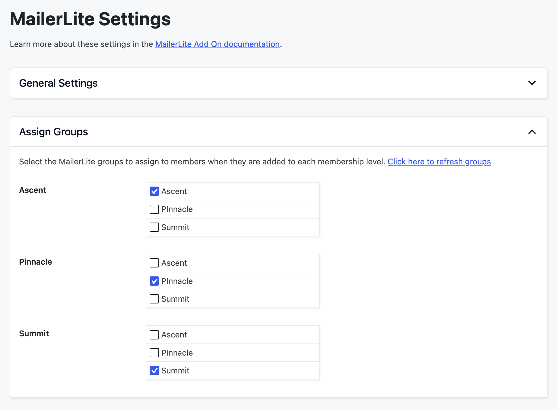 The Assign Groups section showing membership levels with MailerLite group checkbox lists