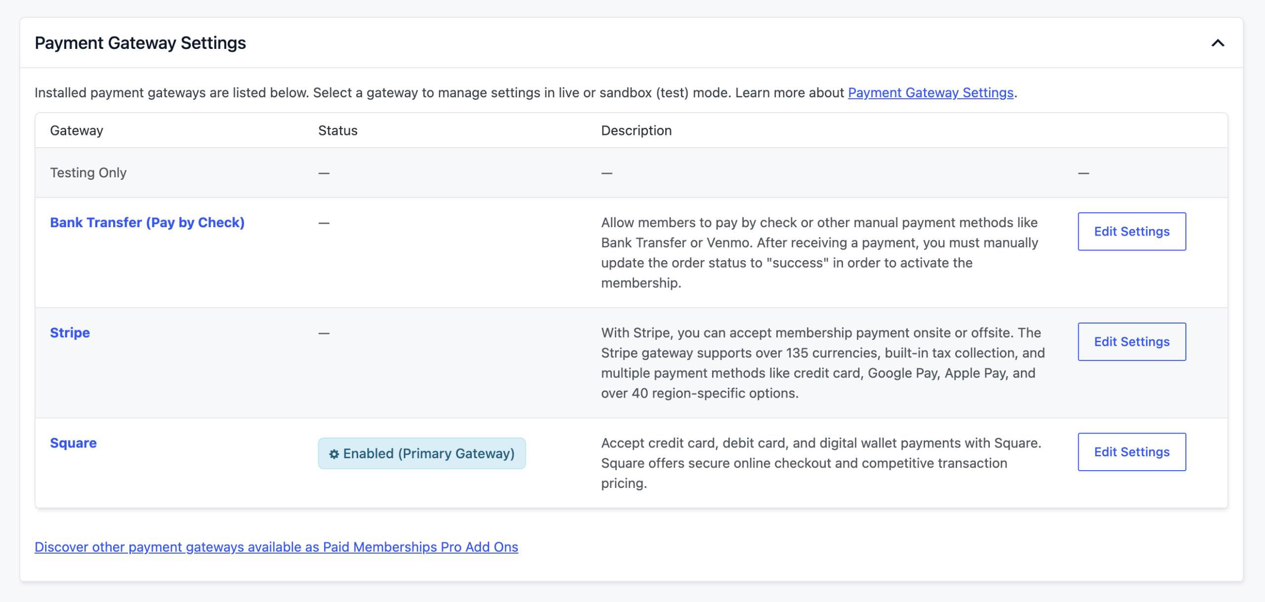 The Paid Memberships Pro Payment Gateway Settings page listing installed gateways, with Square enabled as the primary gateway and an Edit Settings button