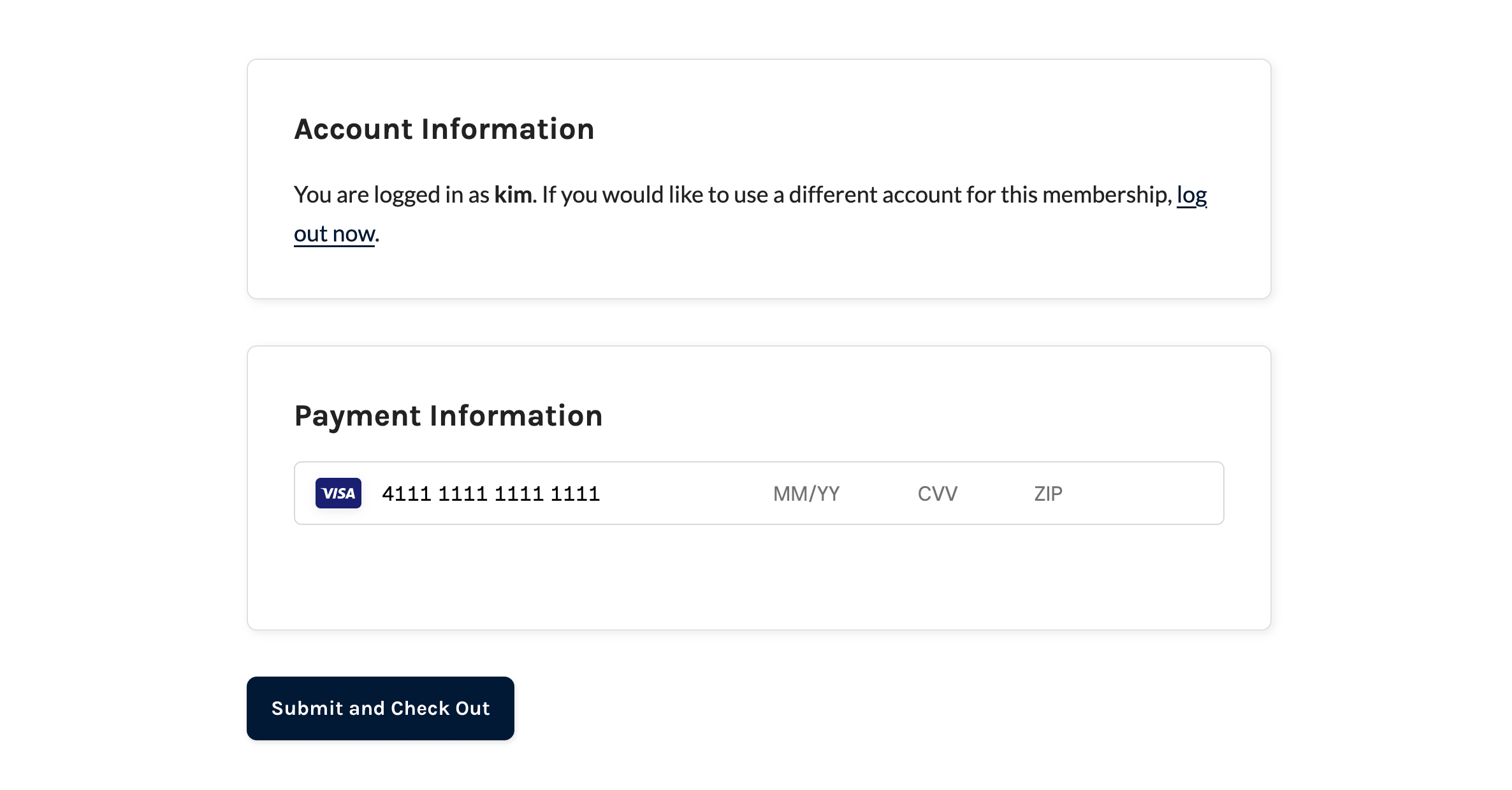 A Paid Memberships Pro checkout page with the Square card field in the Payment Information section, showing card number, expiration, CVV, and ZIP inputs and a Submit and Check Out button