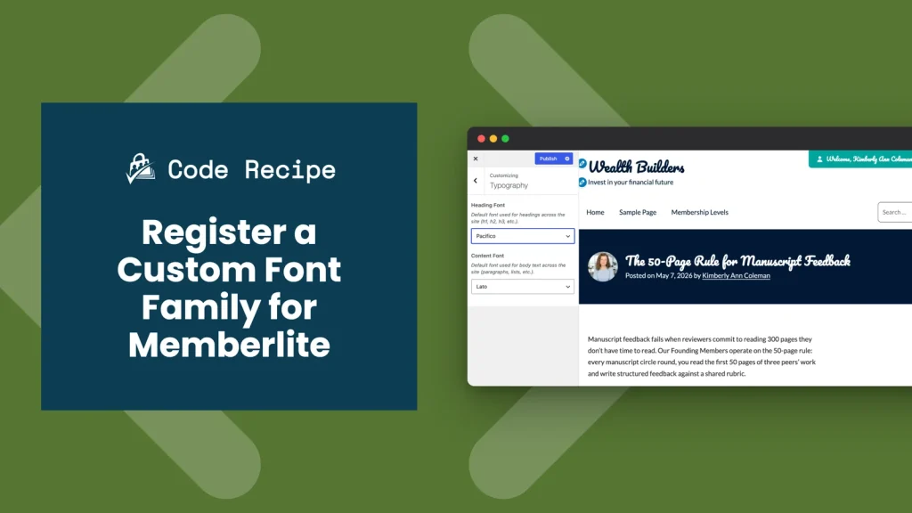 Memberlite Customizer Typography panel with a custom Pacifico font selected as the heading font