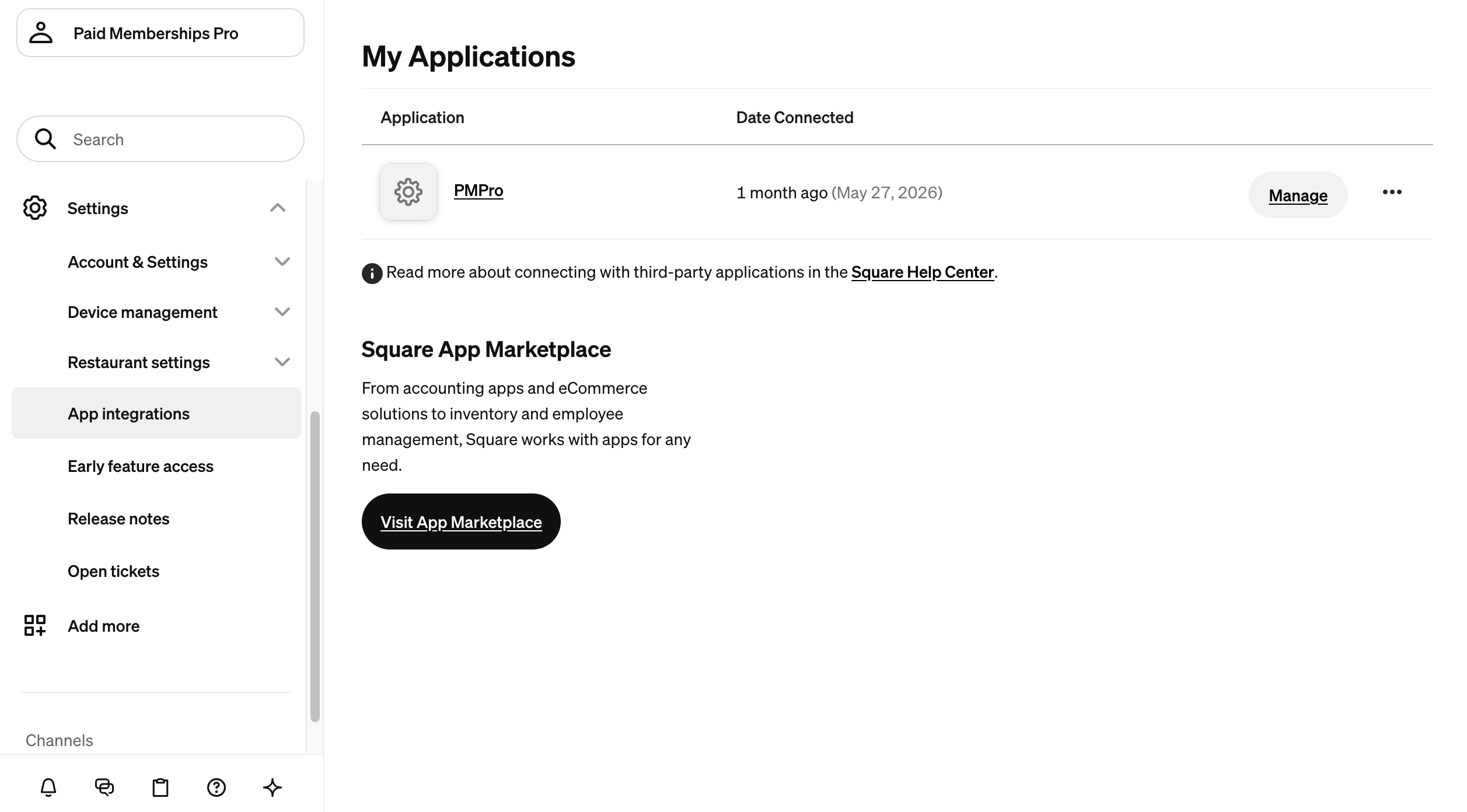 The Square account Settings App integrations page showing the connected PMPro application under My Applications