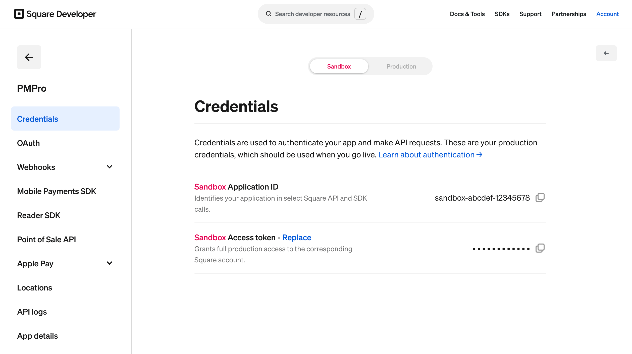The Square Developer Dashboard Credentials page on the Sandbox tab, showing the Sandbox Application ID and Sandbox Access token for the PMPro application