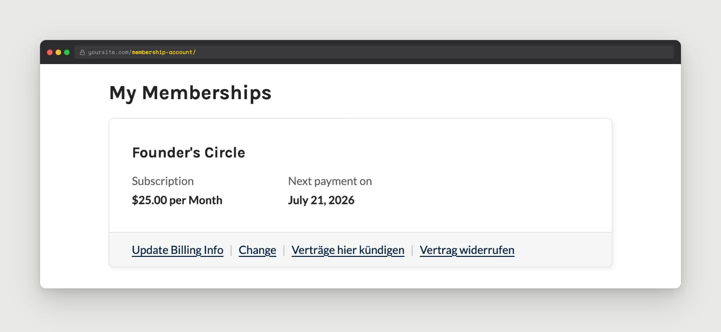 Membership Account page card showing the Vertrag widerrufen withdrawal link next to the Verträge hier kündigen cancellation link
